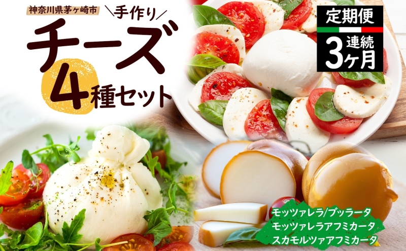 3ヶ月定期便 チーズ 4種 詰め合わせ 各1個 Osteria e Bottega S モッツァレラ ブラッターチーズ スカモルツァアフミカータ 神奈川県 茅ケ崎市 加工食品 乳製品 牛乳 手作業 ミルク 銀賞 幻のチーズ スモーク 塩漬け 美味しい  おつまみ ピザ