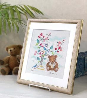 白木フレーム入り版画「くまさんランプ」絵本作家おまたたかこジークレー版画