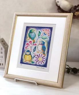 白木フレーム入り版画「小鳥たち」絵本作家おまたたかこジークレー版画