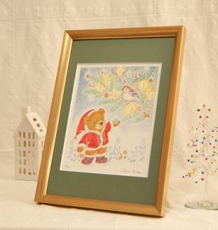 フレーム入り版画「くまさんのクリスマス」　絵本作家おまたたかこジークレー版画