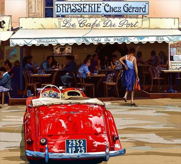 版画 鈴木英人 「波止場のひととき」 シリアルナンバー入り フレーム付き 直筆サイン入り インテリア アート 絵画 絵 イラスト 風景 サントロペ カフェ付き