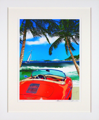 版画 鈴木英人 「浜の休息」 シリアルナンバー入り フレーム付き 直筆サイン入り インテリア アート 絵画 絵 イラスト 風景 車 逗子