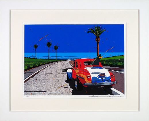 版画 鈴木英人 「海にむかって」 シリアルナンバー入り フレーム付き 直筆サイン入り インテリア アート 絵画 絵 イラスト 風景 車 ロス マリブ