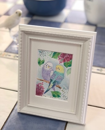 フレーム入り版画「インコとお花」　絵本作家おまたたかこジークレー版画