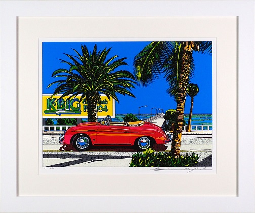 版画 鈴木英人 「南カリフォルニアの休日2」 シリアルナンバー入り フレーム付き 直筆サイン入り インテリア アート 絵画 絵 イラスト 風景 車