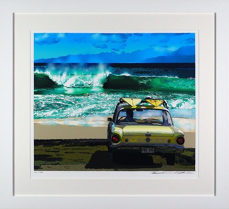 版画 鈴木英人 「サンディー ビーチ」 シリアルナンバー入り フレーム付き 直筆サイン入り インテリア アート 絵画 絵 イラスト 風景 ワイキキ サンディービーチ