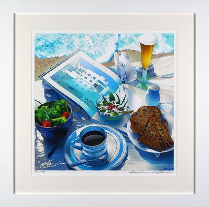 版画 鈴木英人 「ビーチ ブランチ」 シリアルナンバー入り フレーム付き 直筆サイン入り インテリア アート 絵画 絵 イラスト 風景 コンドミニアム ブランチ