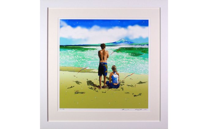 版画 鈴木英人 「初夏のうるおい」 シリアルナンバー入り フレーム付き 直筆サイン入り インテリア アート 絵画 絵 イラスト 風景 海 相模湾 富士山