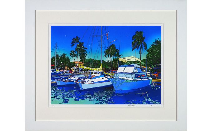 版画 鈴木英人 「マリン ウィスパー2」 シリアルナンバー入り フレーム付き 直筆サイン入り インテリア アート 絵画 絵 イラスト 風景 海 ヨット