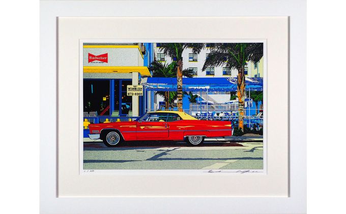 版画 鈴木英人 「オーシャン ドライブ2」 シリアルナンバー入り フレーム付き 直筆サイン入り インテリア アート 絵画 絵 イラスト 風景 マイアミビーチ