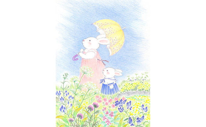 絵本作家おまたたかこ　ジークレー版画「高原散歩」