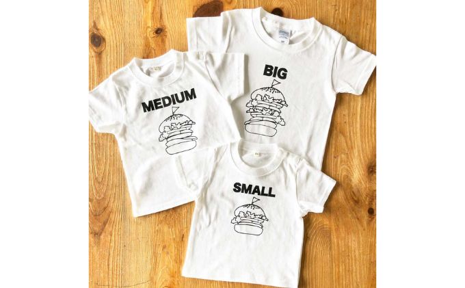3人兄弟姉妹でおそろい/ハンバーガー SMALL×MEDIUM×BIG プリント/ Tシャツ3枚組ギフトセット【出産祝い・誕生日・ギフト・プレゼント】（80cm×120cm×150cm）