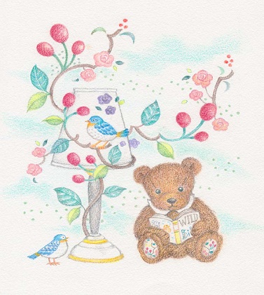 白木フレーム入り版画「くまさんランプ」絵本作家おまたたかこジークレー版画