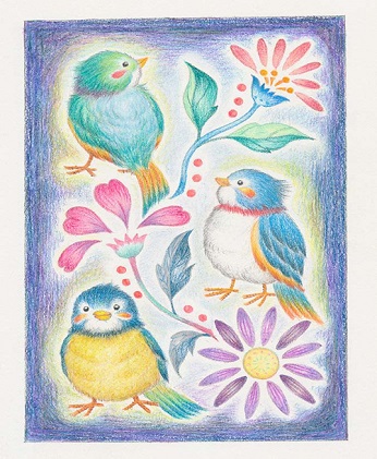 白木フレーム入り版画「小鳥たち」絵本作家おまたたかこジークレー版画