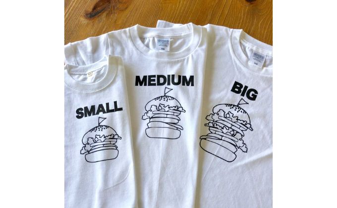 3人兄弟姉妹でおそろい/ハンバーガー SMALL×MEDIUM×BIG プリント/ Tシャツ3枚組ギフトセット【出産祝い・誕生日・ギフト・プレゼント】（80cm×110cm×130cm）