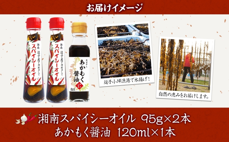 TAC21 逗子小坪産あかもく使用！湘南スパイシーオイル＆あかもく醤油セット あかもく 海藻 にんにく エキストラバージンオリーブオイル 唐辛子 醤油 減塩 天日干し 朝獲れ 調味料 神奈川県 逗子市