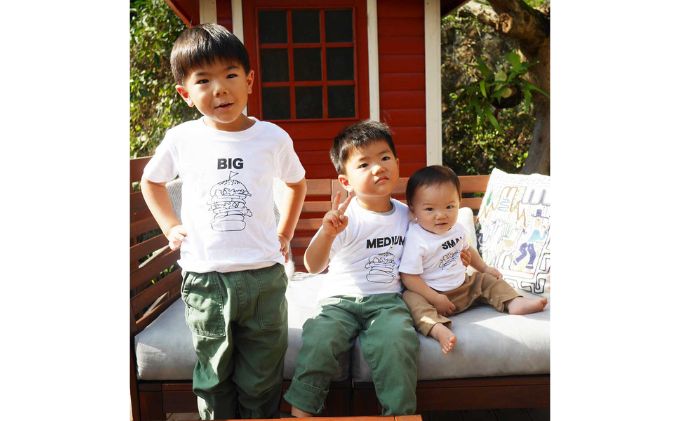 3人兄弟姉妹でおそろい/ハンバーガー SMALL×MEDIUM×BIG プリント/ Tシャツ3枚組ギフトセット【出産祝い・誕生日・ギフト・プレゼント】（80cm×110cm×120cm）