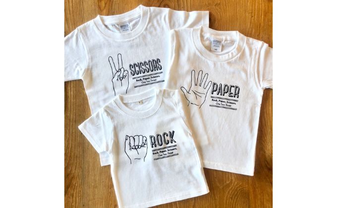 3人兄弟姉妹でおそろい/じゃんけん ROCK×PAPER×SCISSORS プリント/ Tシャツ3枚組ギフトセット【出産祝い・誕生日・ギフト・プレゼント】（80cm×100cm×110cm）