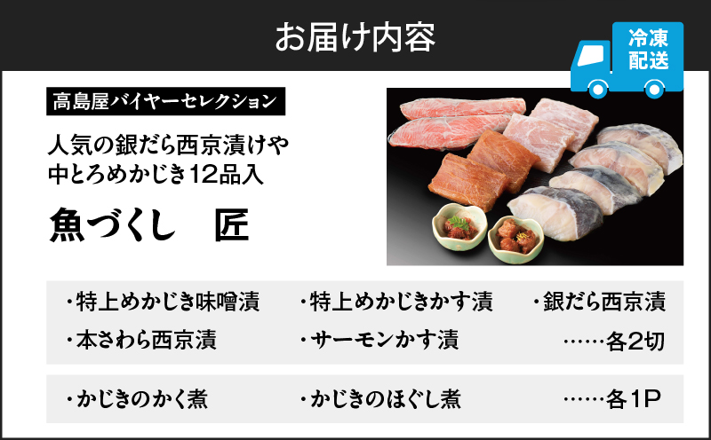 【高島屋バイヤーセレクション】 人気の銀だら西京漬けや中とろめかじき12品入 魚づくし 匠　M038-013