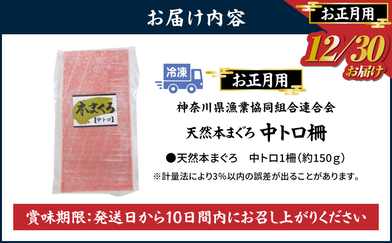【年内発送】神奈川県漁連 天然本マグロ 中トロ柵【お正月用】　M077-013-02
