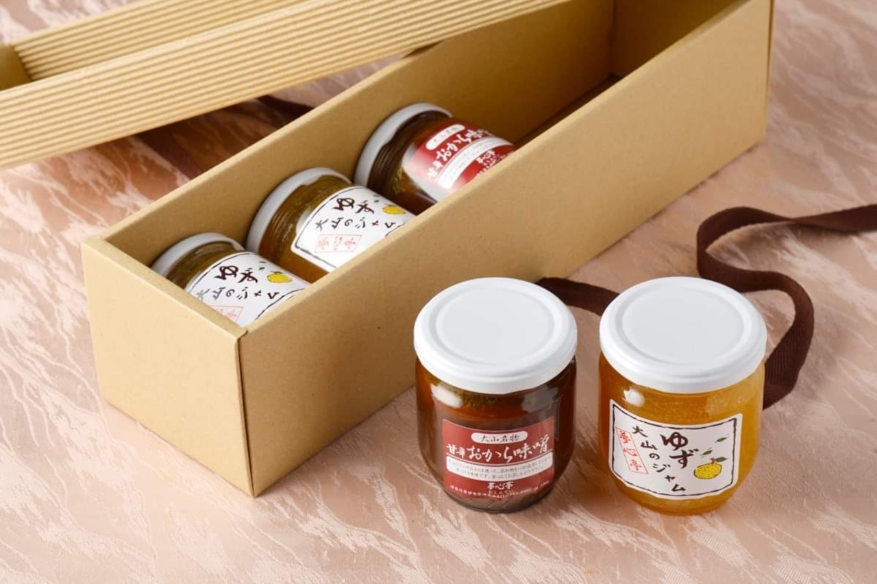 [無添加] 大山の柚子ジャム＆甘辛おから味噌の5個セット (柚子ジャム3個／おから味噌2個)《化粧箱付き！夢心亭 謹製》｜神奈川県 ギフト 贈りもの プレゼント 人気 お土産 正月 お取り寄せ [0904]