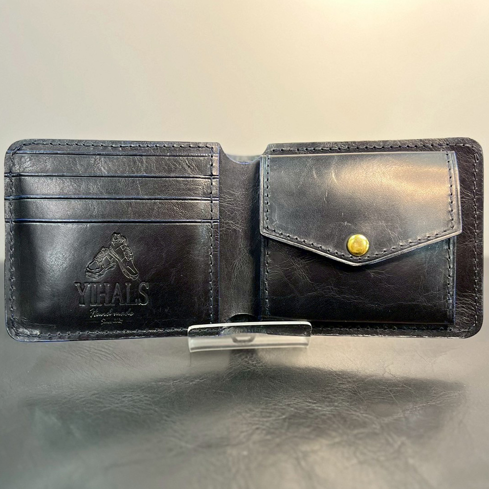 YIHALS ハンドメイド 牛革 2つ折り財布 ブラック《靴屋が手掛ける革製品》｜イハレス レザー 革小物 [0666]
