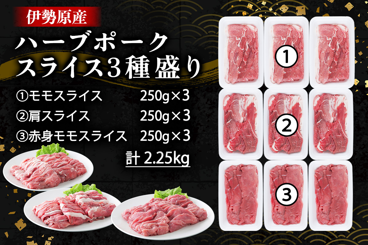 絶品ハーブポーク スライス 三種盛 計2.25kg｜肉 お肉 モモ 肩 赤身 神奈川県 ギフト 贈りもの プレゼント 人気 お土産 正月 肉の日 おかず 豚肉 [0722]
