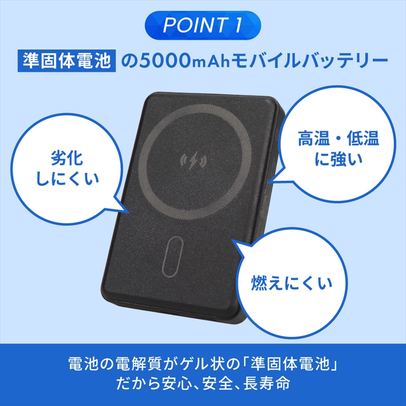 Owltech(オウルテック) 準固体電池採用 スマホリング搭載 5000mAh 最大PD20W対応 USB Type-C入出力 マグネット式ワイヤレス充電対応 モバイルバッテリー OWL-LPB5025MG-BK ブラック【 神奈川県 海老名市 】