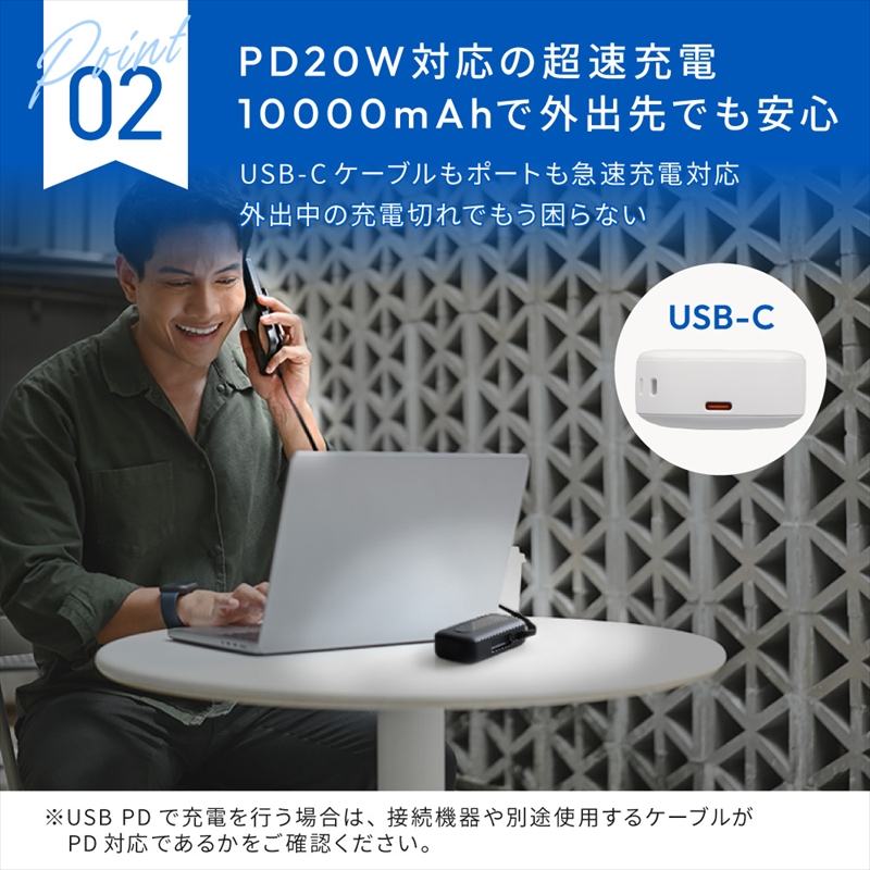 Owltech 巻き取り式ケーブル内蔵 10000mAh 最大PD20W対応 USB Type-C入出力 モバイルバッテリー OWL-LPB10021CR-WH【 ガジェット 神奈川県 海老名市 】