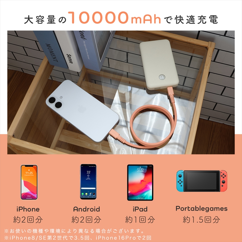 MOTTERU(モッテル) モバイルバッテリー 10000mAh 残量表示ディスプレイ PD20W入出力 PSE適合製品 ケーブル付属  2年保証(MOT-MB10005-EC)　ペールアイリス【 スマホ充電器 携帯充電器 充電 神奈川県 海老名市 】