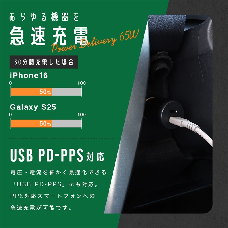 MOTTERU(モッテル) カーチャージャー充電器 車載 PD65W USB-C×2 急速充電 12/24V 普通車 トラック両対応 2年保証(MOT-DCPD65C2)スモーキーブラック【 神奈川県 海老名市 】