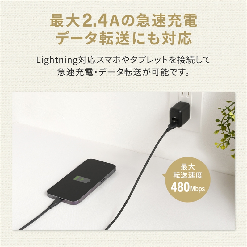 Owltech(オウルテック) バイオマス素材使用 耐屈曲2万回以上 急速充電2.4A／データ転送  USB Type-A to Lightning エコナミクスケーブル OWL-CBECOLA15-BK ブラック