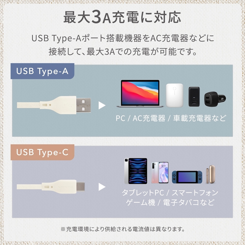 Owltech(オウルテック) 磁力でまとまる 急速充電3A／データ転送 USB Type-A to USB Type-C マグネットケーブル　キナリカラー OWL-CBMGCA10-KI【 ケーブル 神奈川県 海老名市 】