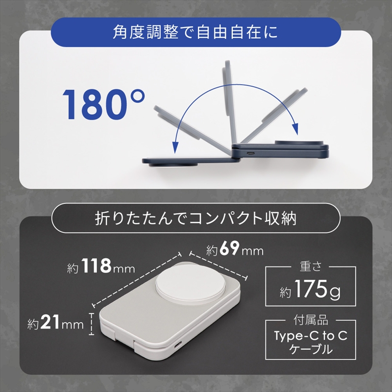 Owltech 折りたたみ式スマホスタンドにもなる 5000mAh 最大PD20W対応 USB Type-C入出力 マグネット式ワイヤレス充電対応 モバイルバッテリー OWL-LPB5020MG-NV【 ガジェット 神奈川県 海老名市 】