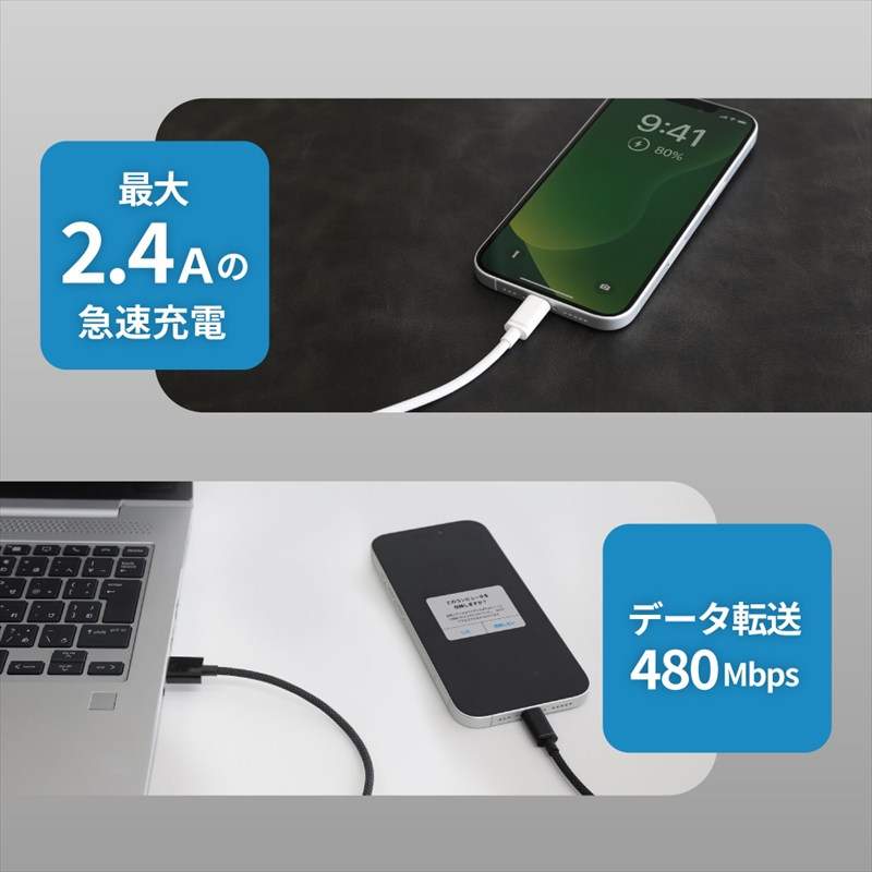 Owltech(オウルテック) 耐屈曲1万回 急速充電2.4A充電／データ転送 USB Type-A to Lightning ブレイデッドケーブル 2m OWL-CBN1AL20-WH ホワイト【 神奈川県 海老名市 】