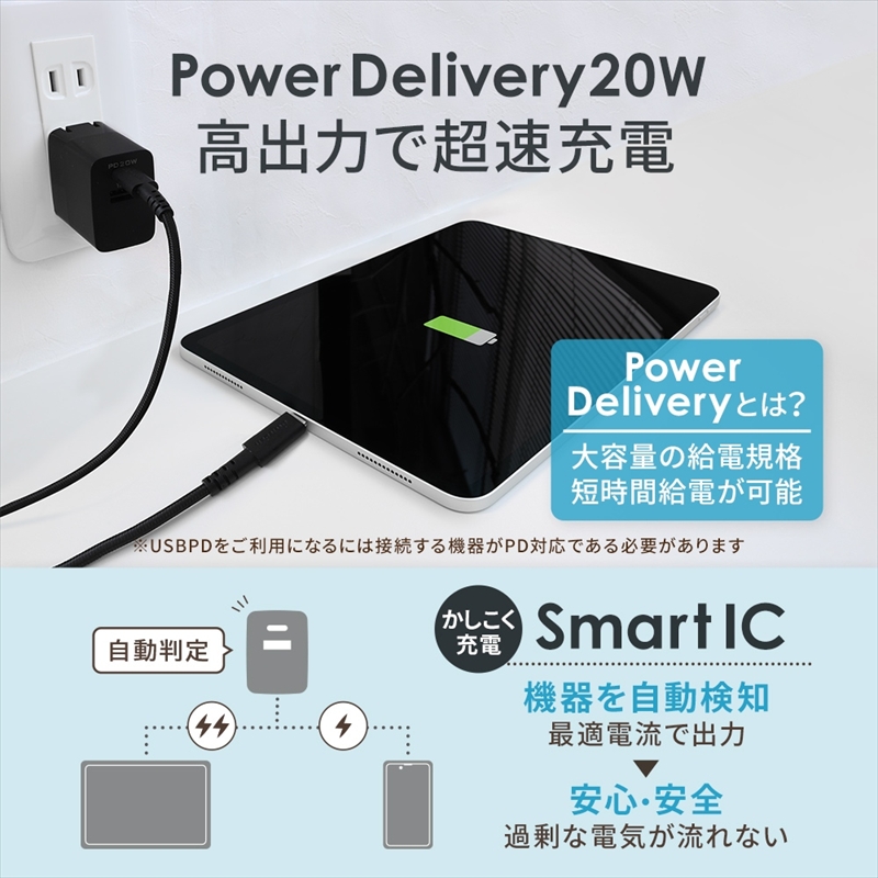 Owltech(オウルテック) 25万回以上の屈曲試験に耐えるType-Cケーブル同梱 超タフケーブル & PD対応AC充電器のセット OWL-APD20ACC12-WH