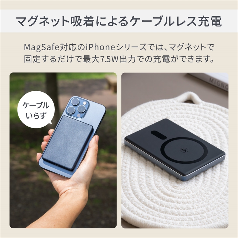 Owltech(オウルテック) マグネット式ワイヤレス充電 5000mAh PD20W/ワイヤレス15W USB Type-C入出力対応 モバイルバッテリー OWL-LPBMG5002-NV ネイビー
