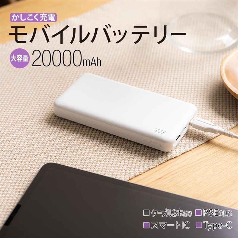 iPhone スマホ 急速充電 大容量 20000mAh 安心のモバイルバッテリー  (ホワイト)