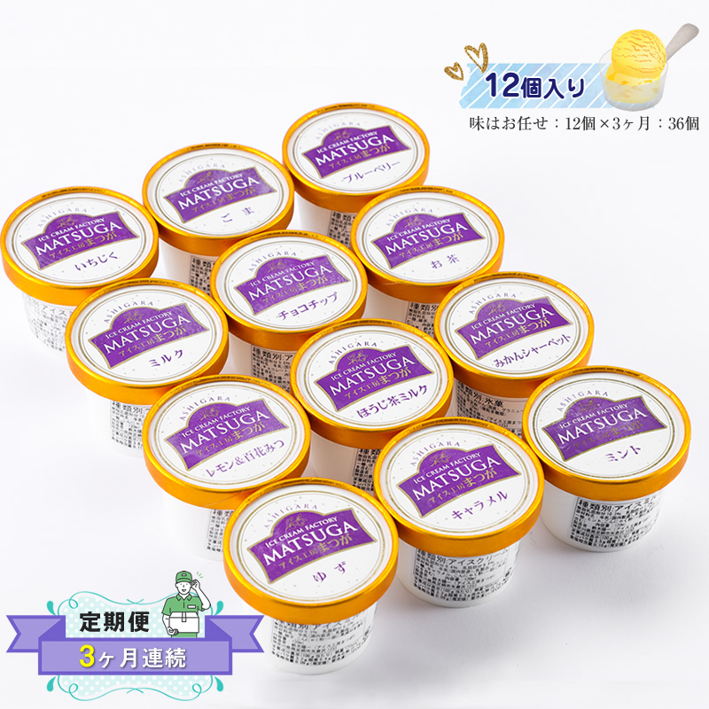 【定期便：3ヶ月連続】 自社農園で栽培した果物でつくった旬なアイスを毎月お届け（味はお任せ：12個×3ヶ月：36個）【 果物 フルーツ 旬 食品添加物不使用 カップアイス シャーベット フルーツアイス ギフト プレゼント 詰め合わせ 神奈川県 南足柄市 】