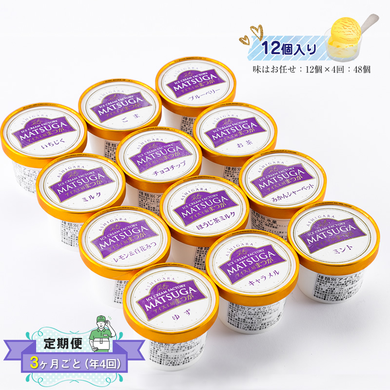 【定期便：3ヶ月ごと（年4回）】自社農園で栽培した果物でつくった旬なアイスを毎月お届け（味はお任せ：12個×4回：48個）【 果物 フルーツ 旬 食品添加物不使用 カップアイス シャーベット フルーツアイス ギフト プレゼント 詰め合わせ 南足柄市 】