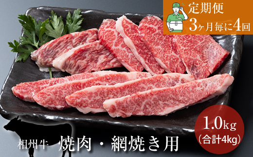 【定期便：3ヶ月毎に4回】相州牛（焼肉・網焼き用）1.0kg 【合計4kg】