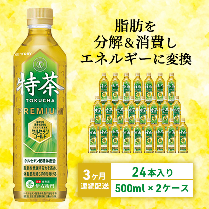お茶 定期便 3ヶ月 伊右衛門 特茶 500ml × 48本(2ケース) サントリー 特定保健用食品 トクホ 緑茶 ペットボトル 500 茶 日本茶 国産 トクホ茶 飲料 飲み物 ドリンク ペットボトル飲料 箱 ケース 脂肪 体脂肪 減らす 神奈川 綾瀬市 定期 3回　定期便