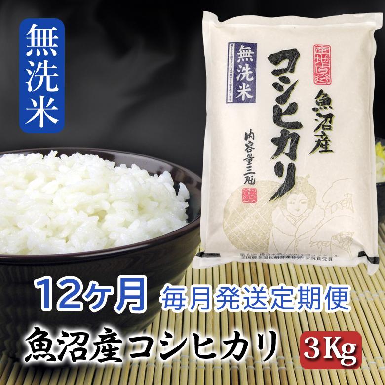 【無洗米】お米マイスター厳選！魚沼産コシヒカリ　３kg×12ヶ月毎月発送　定期便