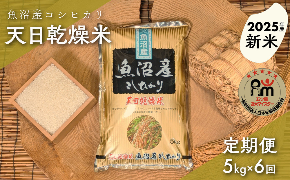 【新米】【毎月定期便】令和７年産「五つ星お米マイスター」厳選　天日干し魚沼産コシヒカリ　精米５kg×６回