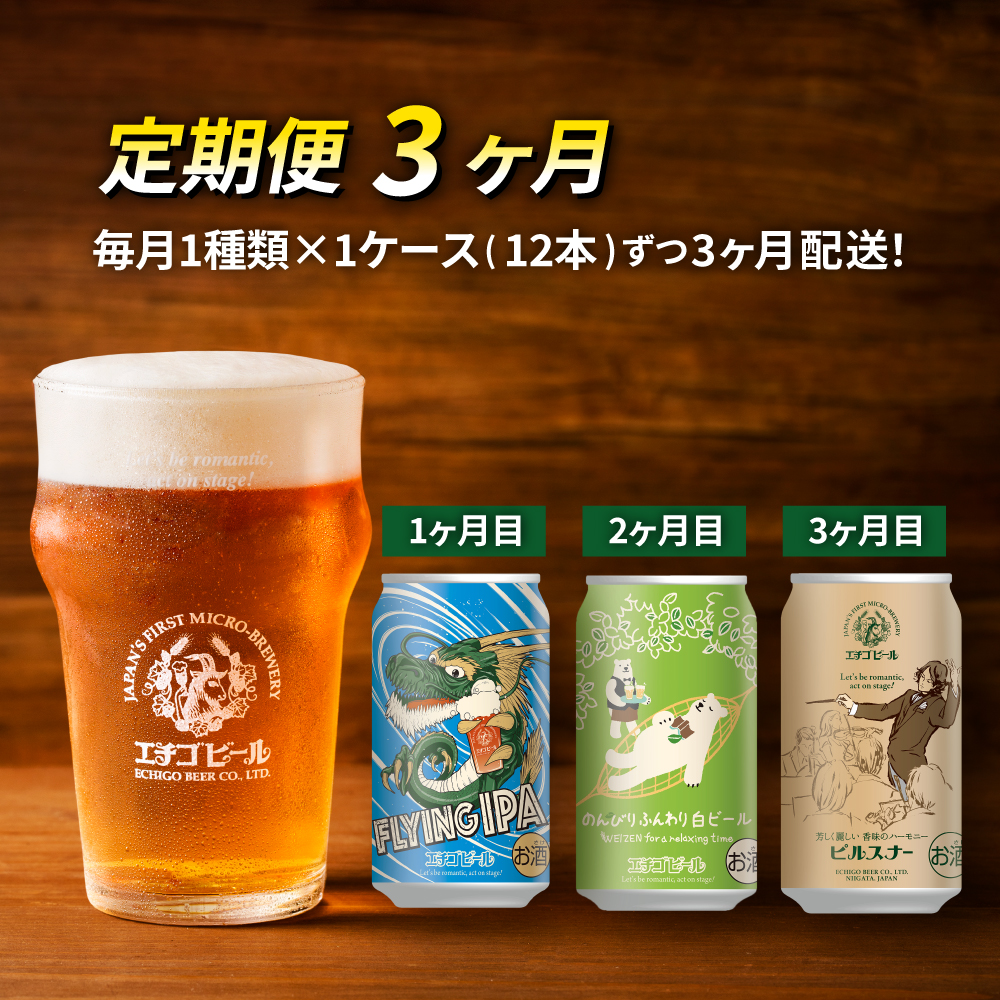 【定期便3ヶ月】エチゴビール【1ヶ月目】FLYING IPA350ml缶×12本【2ヶ月目】のんびりふんわり白ビール350ml缶×12本【3ヶ月目】ピルスナー350ml缶×12本