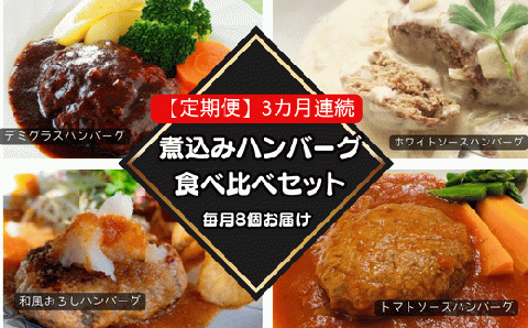76-98B【3ヶ月連続お届け】湯せんで簡単！煮込みハンバーグ食べ比べセット 8個×3回お届け 総重量4kg以上！