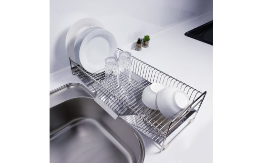 [燕三条水切り直販店] スリム 水切りラック ステンレス 57cmタイプ 水切りかご トレー付き 燕三条製【020S004】