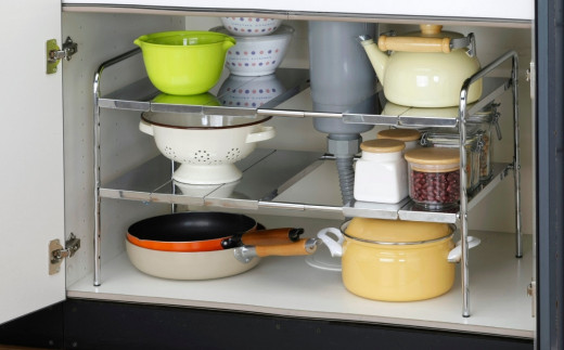 簡単組立シンク下ステンレス棚伸縮ラック 2段タイプ[47～80cm対応] キッチン用品 台所 収納 燕三条製 シンプル 【022S030】