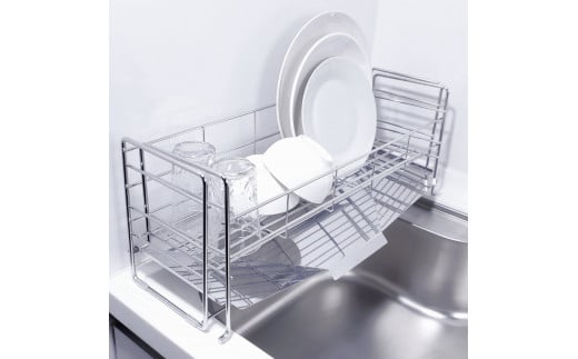 [燕三条水切り直販店]スライド水切りラック ステンレス １段タイプ 水切りかご 流れるトレー付き【027S015】