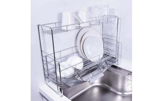 [燕三条水切り直販店]スライド水切りラック ステンレス ２段タイプ 水切りかご 流れるトレー付き【030S037】